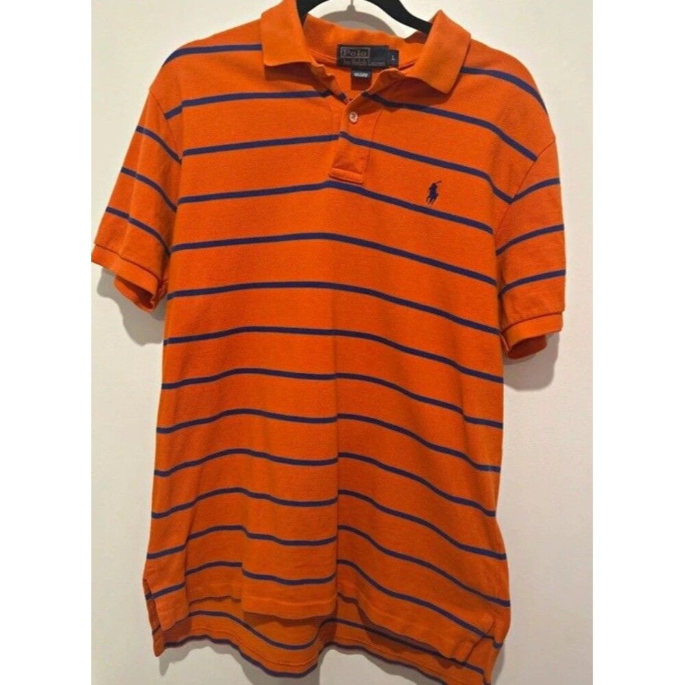 Polo Ralph Lauren Polo Shirt Men L Orange Blue Striped Cotton Knit Golf Logo
